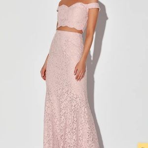 NWT Lulu’s A Thousand Words Pink Lace Off-The-Shoulder Two-Piece Maxi Dress